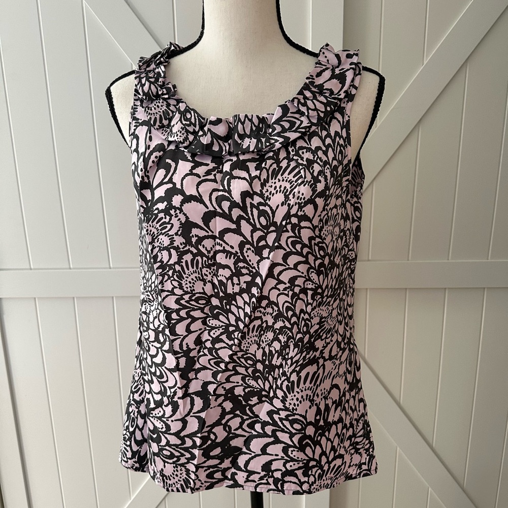 Banana Republic Pink Gray Floral Ruffle Neck Sleeveless Blouse – Size Small